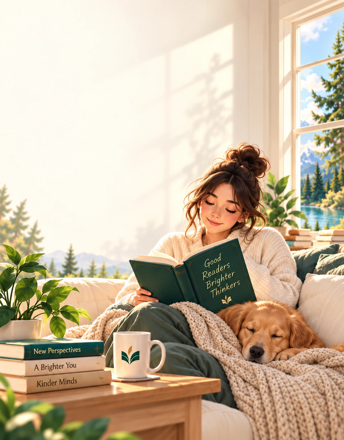 A reader and a sleeping golden retriever in a warm, sunlit room.